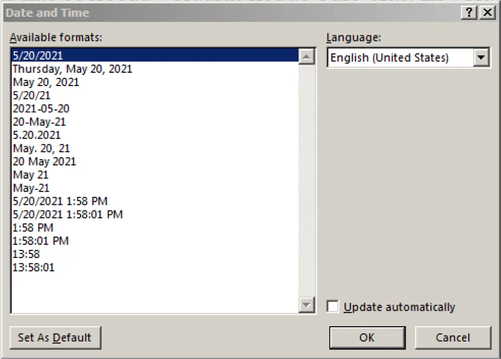 A Date and Time pane lists Available formats (various time, date, and day of the week combinations) and Language (options available). Update automatically checkable box follows.