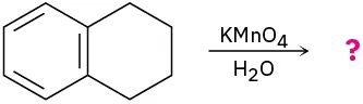 In water, benzene fused to a cyclohexane ring reacts with potassium permanganate to form unknown product(s), depicted by question mark.