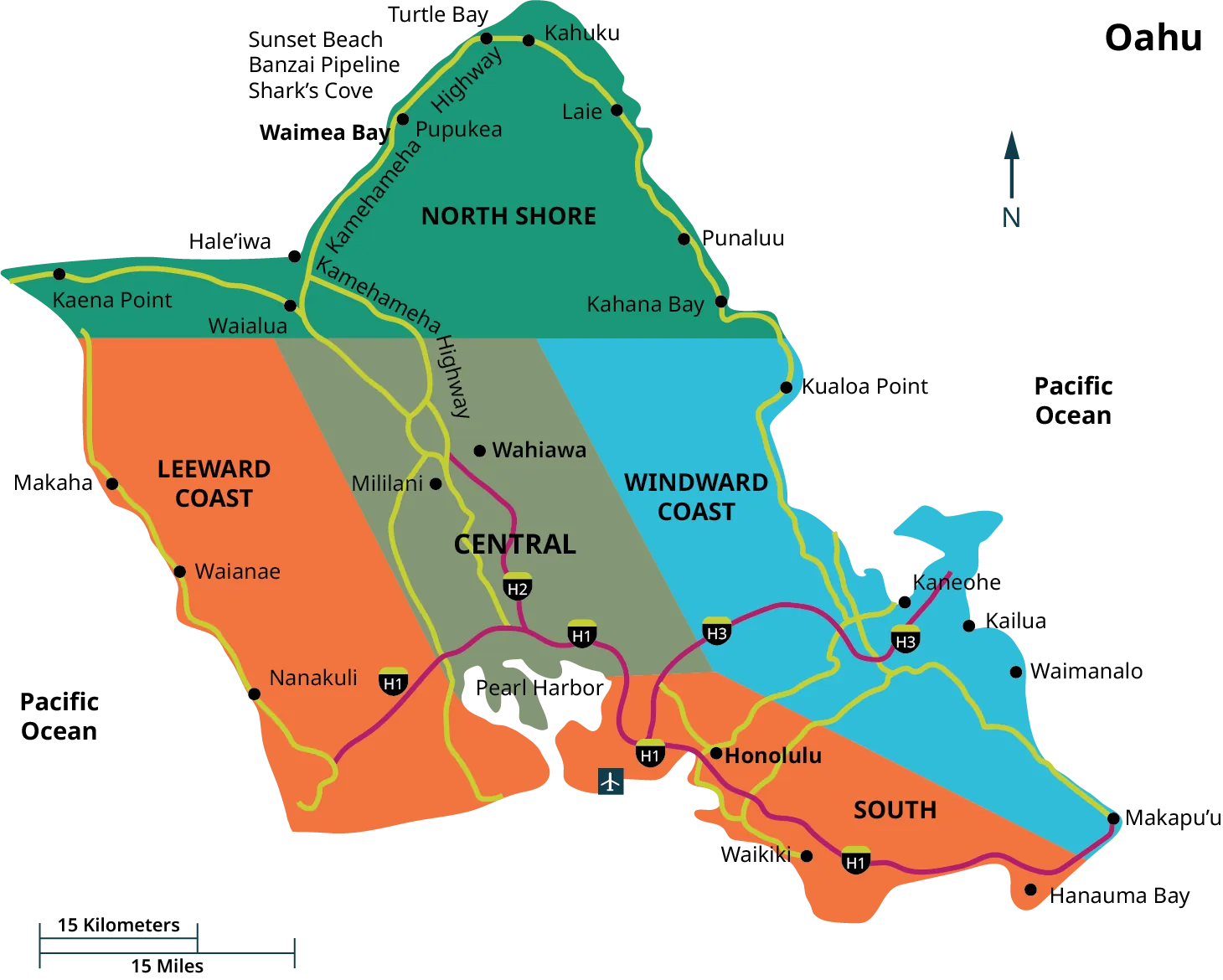 A map shows the regions of Oahu. The regions are North Shore, Leeward Coast, Central, Windward Coast, and South.