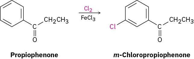 Propiophenone reacts with chlorine in the presence of iron trichloride to form m-chloropropiophenone.