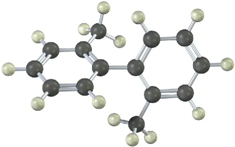 The ball-and-stick model has two benzene rings bonded to each other. Each benzene ring also has an ortho methyl group.