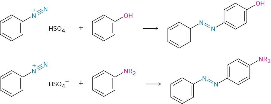 Benzenediazonium hydrogen phosphate reacts with phenol to form para-hydroxyazobenzene. It reacts with aryl amine to form para-aminoazobenzene in which a secondary amine is bonded at fourth position.