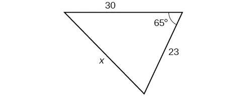 Un triángulo. Un ángulo es de 65 grados con el lado opuesto = x. Los otros dos lados son 30 y 23.