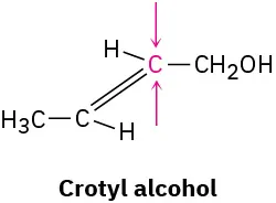 The structure of crotyl alcohol. Two arrows, one from the top and other from the bottom, point toward the central carbon.