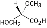 A carbon is single-bonded to wedge hyrdrogen atom (front),  dash bonded to methoxy group (behind ), carboxylic acid  (right), and hydroxymethyl group (left).