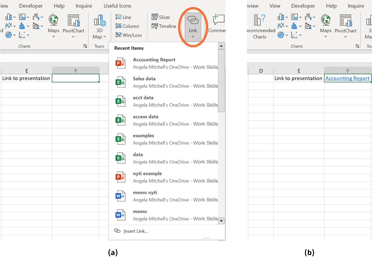 (a) Link button selected and opens to Recent Items (Accounting Report PowerPoint is visible) and Insert Link option. (b) Blue hyperlinked text is visible in cell F1 (Accounting Report).