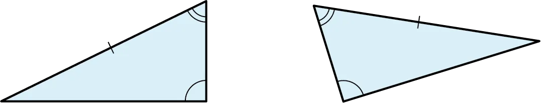 Two triangles. The left side of the first triangle and the top side of the second triangle are congruent. The top-right angle of the first triangle and the top-left of the second triangle are congruent. The bottom-right angle of the first triangle and the bottom-left angle of the second triangle are congruent.