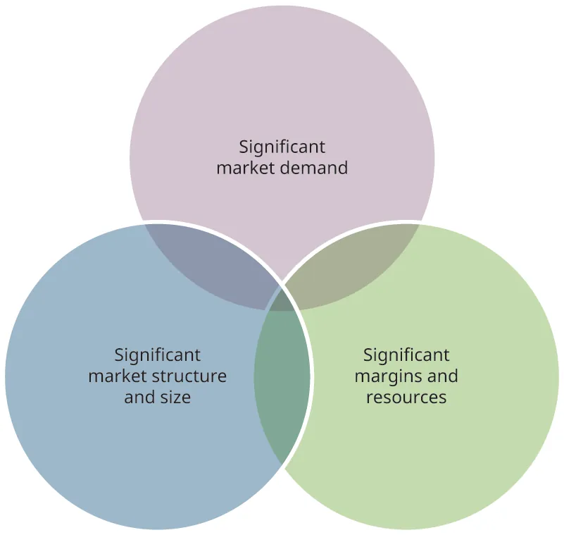 Three overlapping circles are shown, labeled as significant market demand, significant margins and resources, and significant market structure and size.