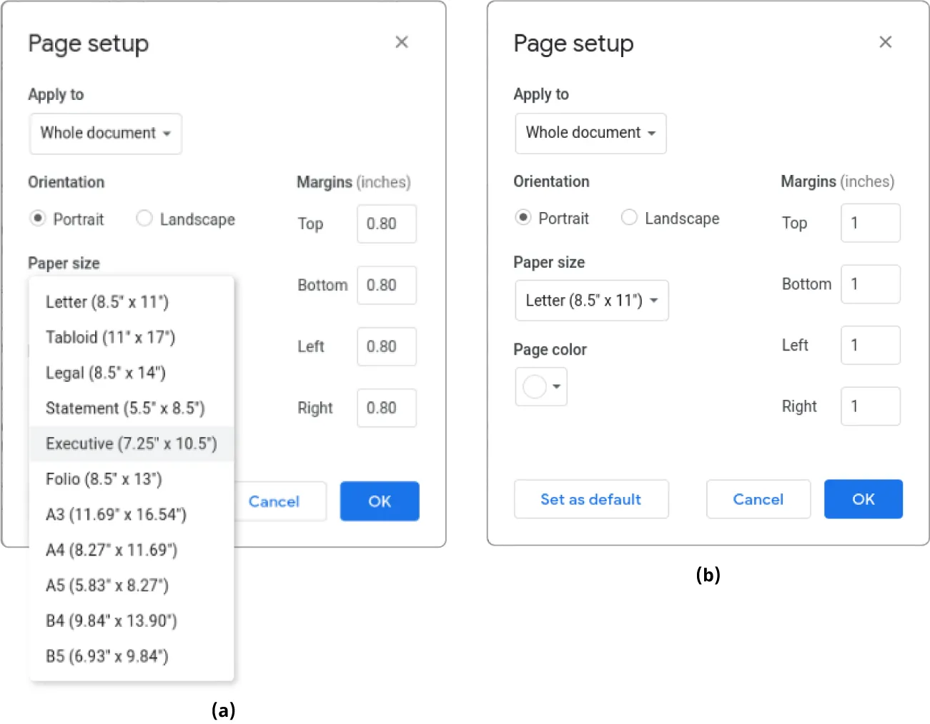 (a) Page Setup pane displays Paper size options: Letter, Tabloid, Legal, Statement, Executive, Folio, A3, A4, A5, B4, and B5. (b) Page setup pane has Letter selected in the Paper size option.