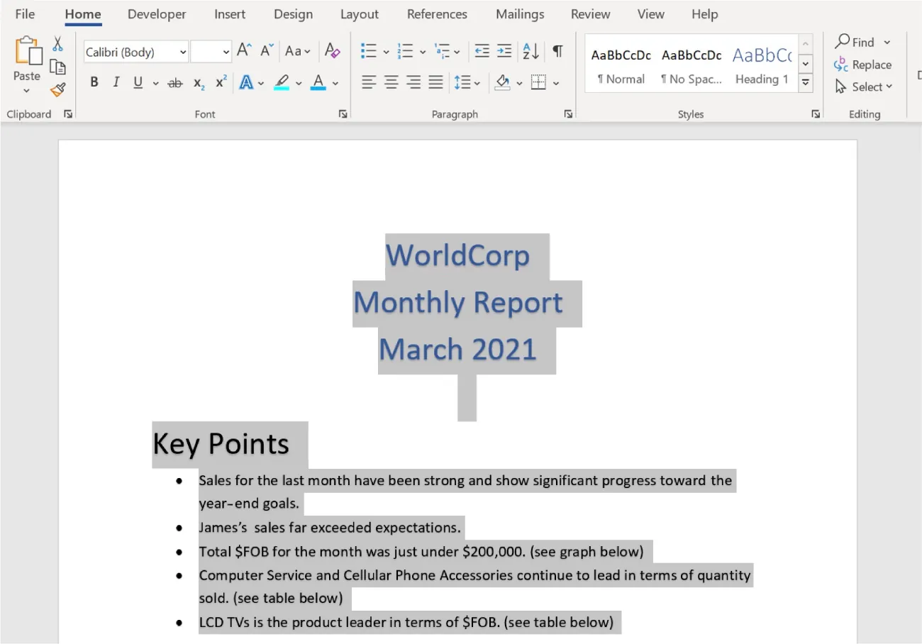 All of the information in a Word document is selected for copying.