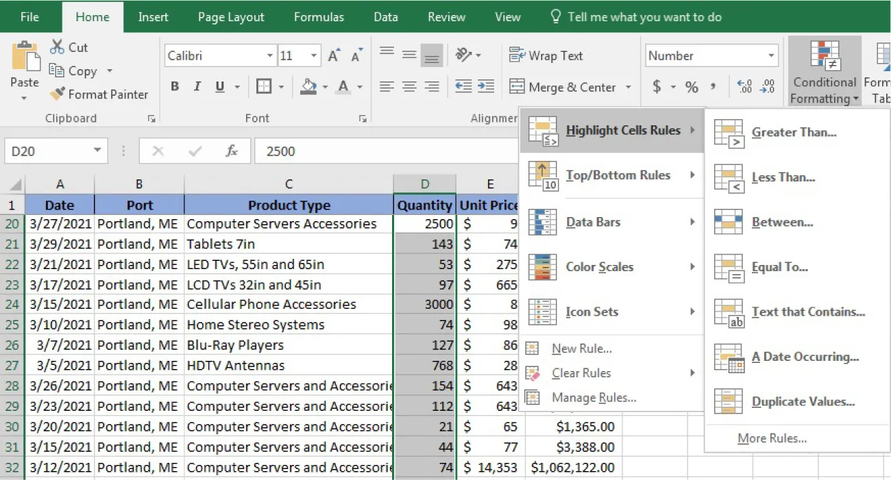 Column D selected. Conditional Formatting selection opens to Highlight Cell Rules, then to options: Greater Than…, Less Than…, Between…, Equal to…, Text that Contains…, A Date Occurring…, Duplicate Values…, and More Rules….