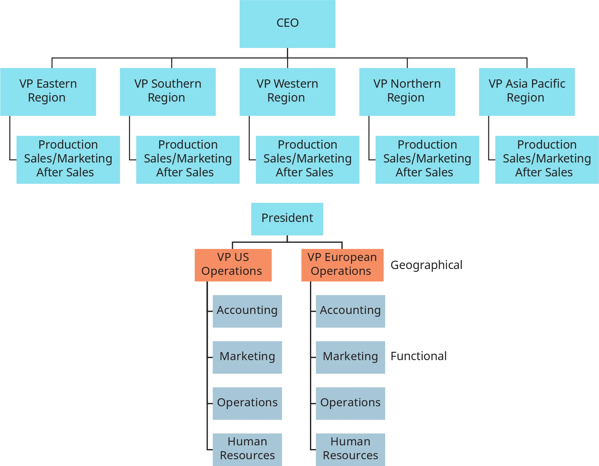 A set of two flowcharts show examples of geographical structure in an organization.
