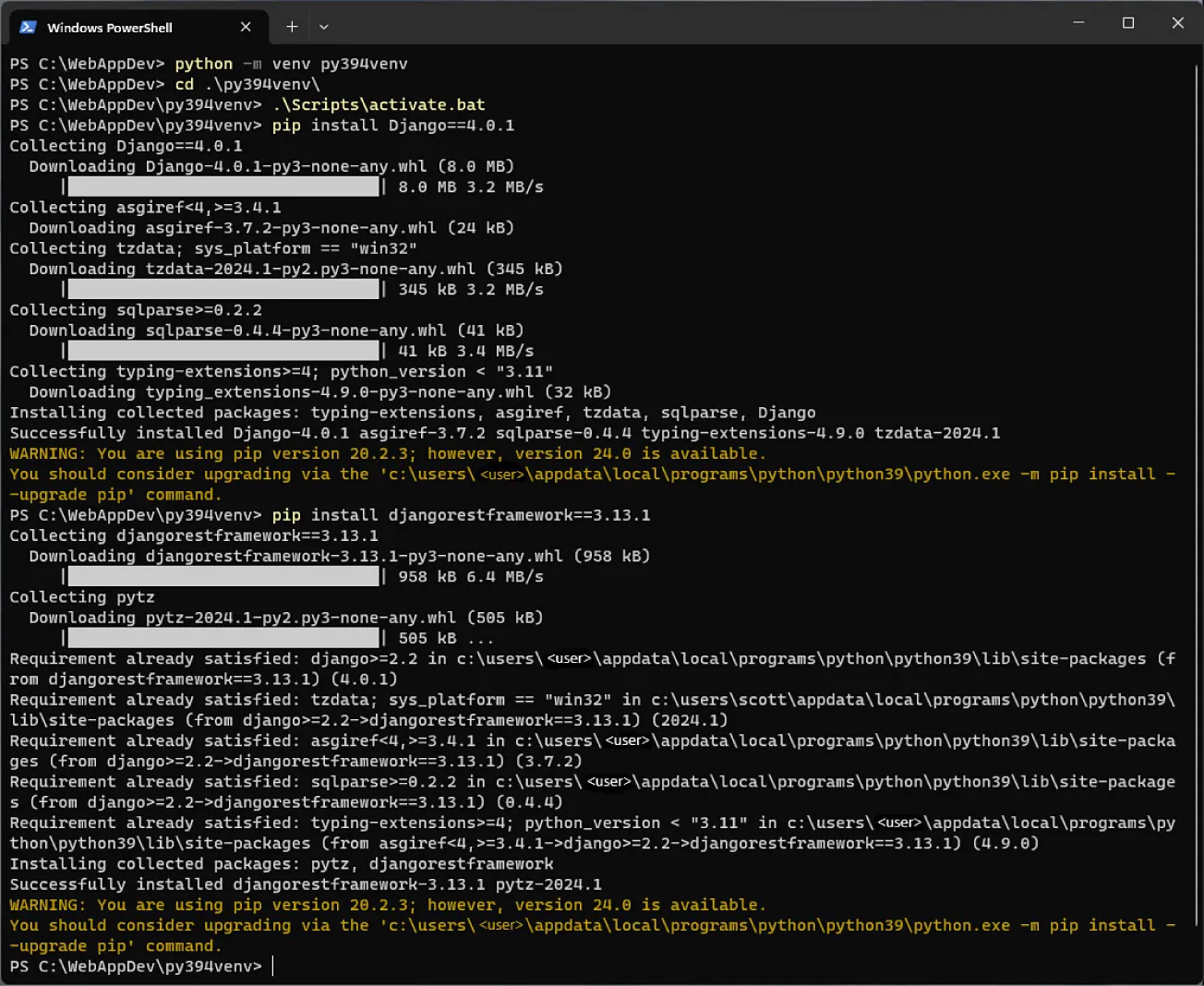 Sequence of steps needed to install the Python environment.