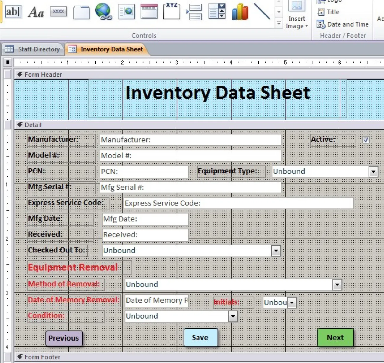 Inventory Data Sheet tab selected in Design View. Form Header and Detail section include prompts and answer spaces for items. Form Footer follows.