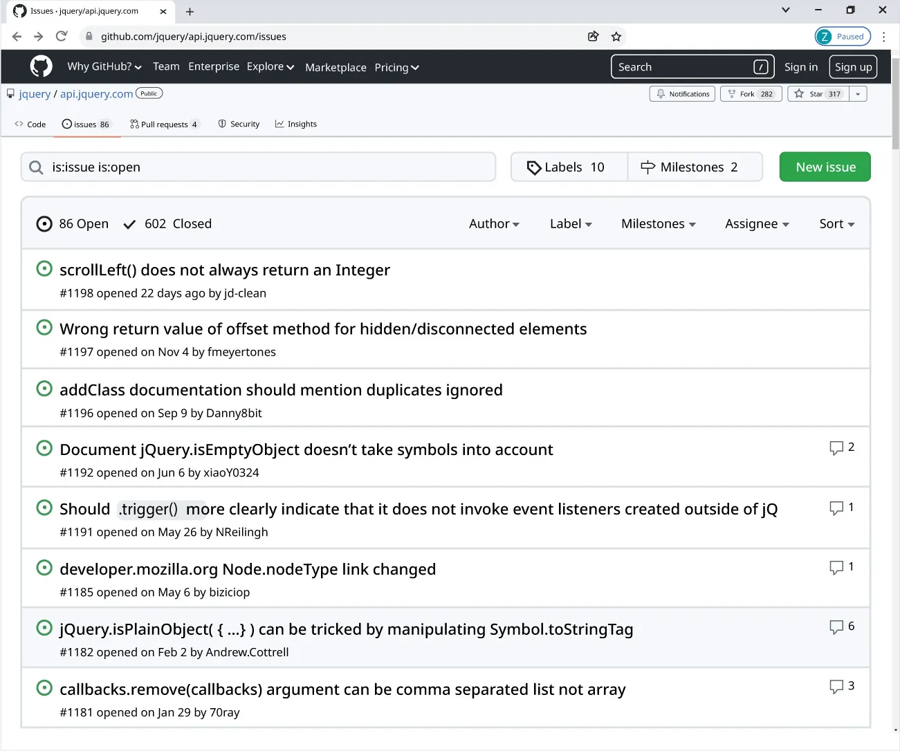 Screenshot of jQuery bug tracker on GitHub.