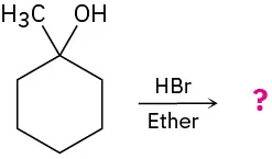 Cyclohexane with CH3 and OH groups on the C1 position reacts with HBr and ether to form an unknown product represented by a question mark.
