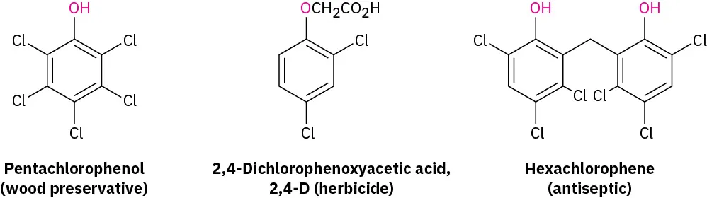Three structures of pentachlorophenol (wood preservative), 2,4-dichlorophenoxyacetic acid, 2,4,-D (herbicide), and hexachlorophene (antiseptic).