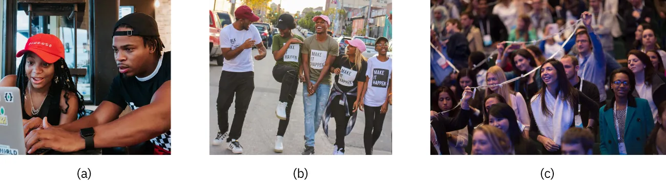 Photo of (a) two individuals looking at a computer, (b) five laughing individuals walking down a street, and (c) a crowd.
