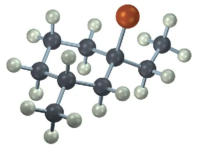 The ball-and-stick model has a cyclohexane ring. C1 is bonded to bromine and ethyl group. C3 is bonded to a methyl group.