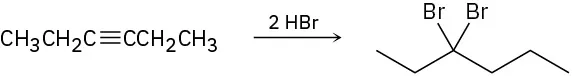 A C6 internal alkyne reacts with two moles of hydrogen bromide to form a dibromo substituted alkane