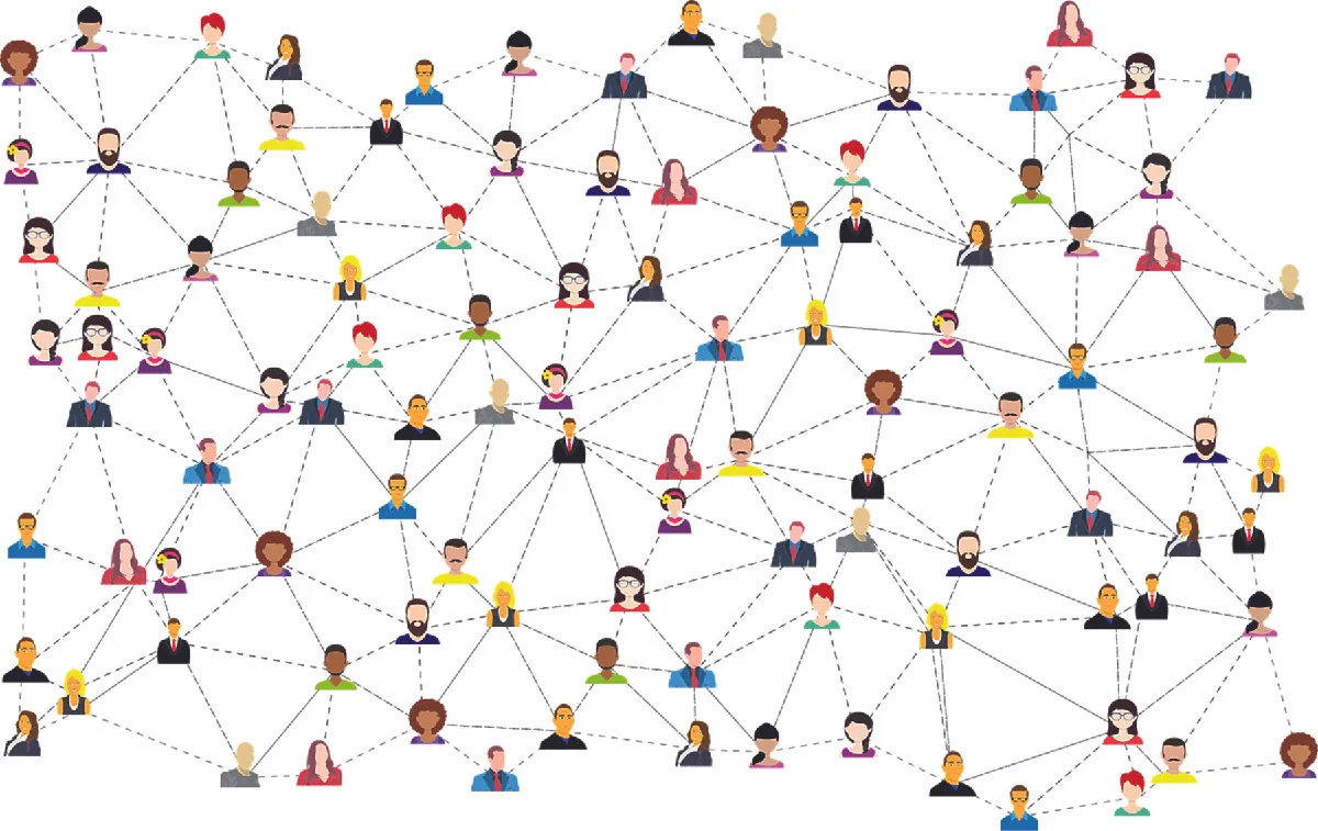 Graphic of different people, some connected via solid lines, and some connected via dotted lines.