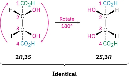 2 R, 3 S tartaric acid is rotated at 180 degrees to form 2 S, 3 R tartaric acid. Both structures are identical.