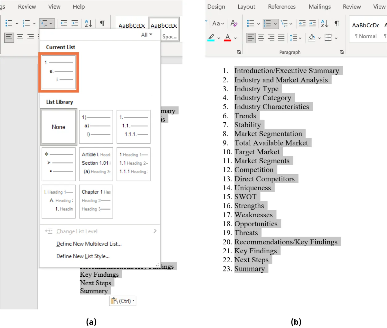 (a) Multilevel list is selected; options include Current List, List Library, Change List Level, Define New Multilevel List, Define New List Style. (b) A list of numbered headings is visible, left justified.