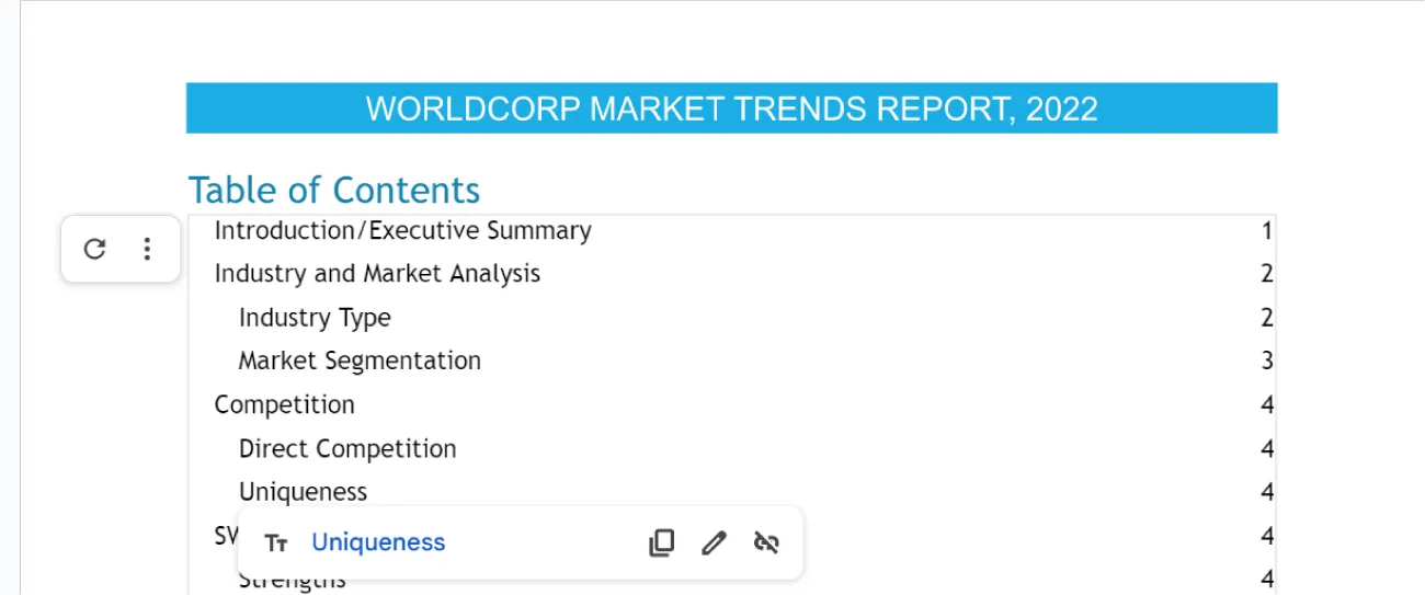 A Table of Contents is visible. The heading titled Uniqueness is selected and a bar action items is visible.