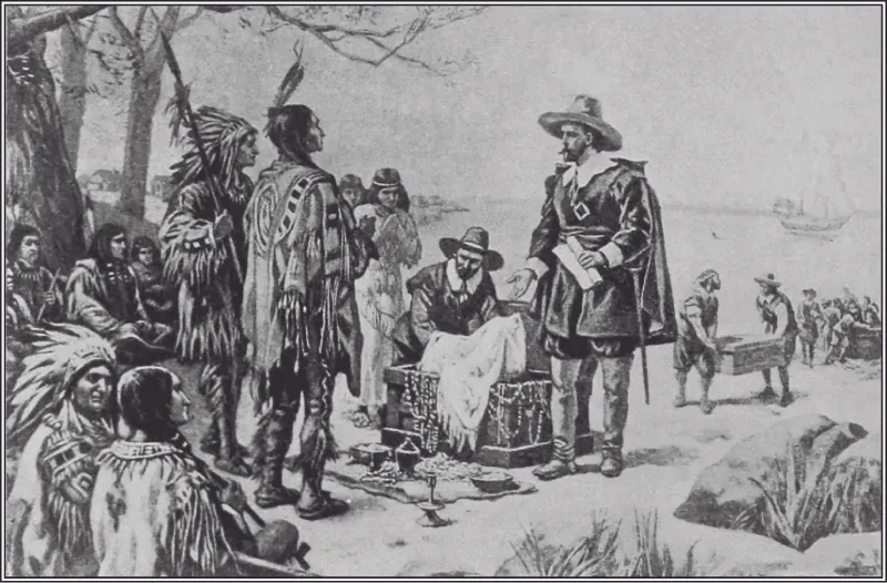 This figure shows a depiction of a White man holding a paper and meeting with two Native Americans. There are other Native Americans gathered around, sitting on the ground behind them. There is also another White man next to the first pulling fabric out of a chest.