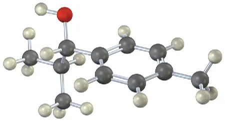 A ball-and-stick model shows a benzene ring with a methyl group, C H linked to a hydroxyl. C H is also linked to two methyl groups.