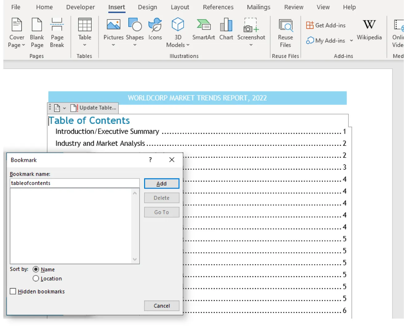 Button for Update Table visible in document. Bookmark Pane is open and lists the tableofcontents in Bookmark name. Sort by Name and Location and Hidden bookmarks buttons are located below.