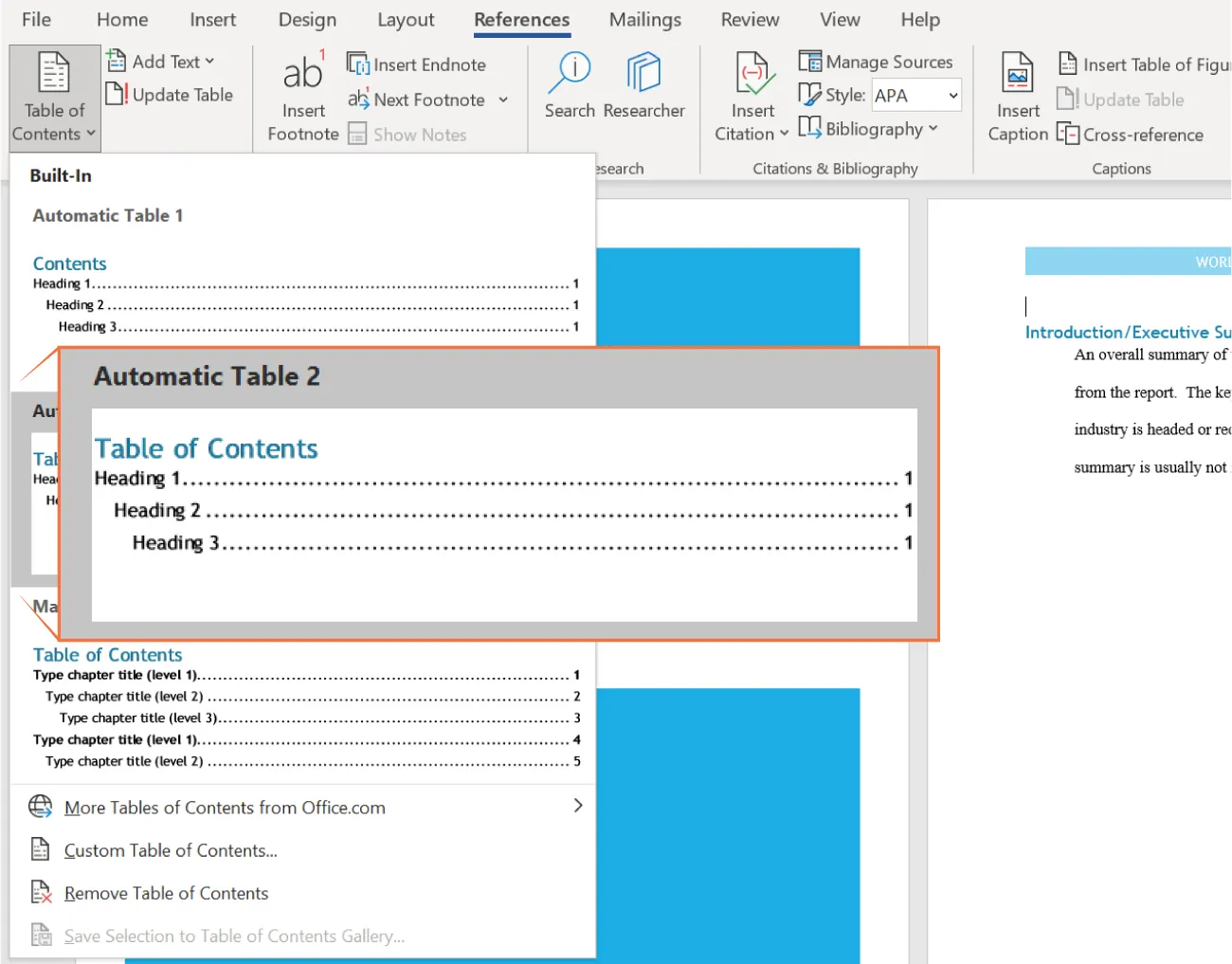 Table of Contents selected; opens to Built-In with style options and More Table of Contents from Office.com, Custom Table of Contents, Remove Table of Contents, Save Selection to Table for Contents Gallery.