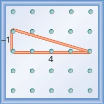 The figure shows a grid of evenly spaced dots. There are 5 rows and 5 columns. There is a rubber band style triangle connecting three of the three points at column 1 row 2, column 1 row 3,and column 5 row 3.