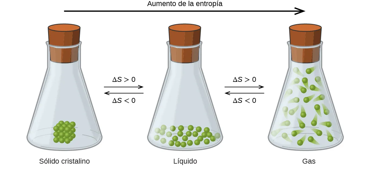 Se muestran tres matraces tapados con flechas hacia la derecha y hacia la izquierda entre cada uno; el primero está marcado arriba como "delta S mayor que 0" y abajo como "delta S menor que 0", mientras que el segundo está marcado arriba como "delta S mayor que 0" y abajo como "delta S menor que 0". Por encima de todos los matraces se dibuja una flecha larga, orientada hacia la derecha, marcada como "Aumento de la entropía". El matraz de la izquierda contiene veintisiete partículas dispuestas en un cubo en el fondo del matraz y está marcado debajo como "Sólido cristalino". El matraz del medio contiene veintisiete partículas dispersas al azar en el fondo del matraz y está marcado debajo como "Líquido". El matraz de la derecha contiene veintisiete partículas dispersas en el interior del matraz que se mueven rápidamente y está marcado debajo como "Gas".
