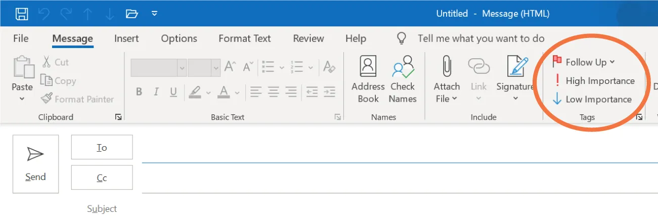 An email window is visible. The command group Tags is highlighted and includes Follow Up, High Importance, and Low Importance options for selection.