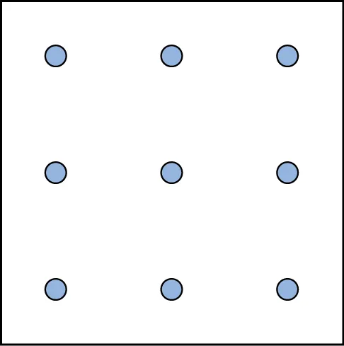 A square shaped outline contains three rows and three columns of dots with equal space between them.