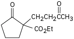 Structure of cyclopentanone ring with the substituents C O O E t and C H 2 C H 2 C double-bonded O C H 3 on C 2.