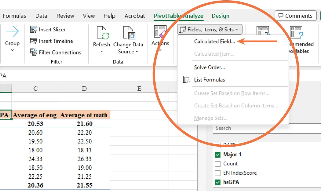 PivotTable Analyze tab selected. Fields, Items, & Sets options: Calculated Fields (highlighted), Calculated Item, Solve Order, List Formulas, Create Set Based on Row Items, Create Set Based on Column Items, Manage Sets.