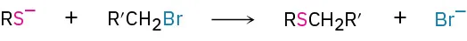 A thiolate anion reacts with an alkyl bromide to yield an alkyl thioether compound along with bromide ion.