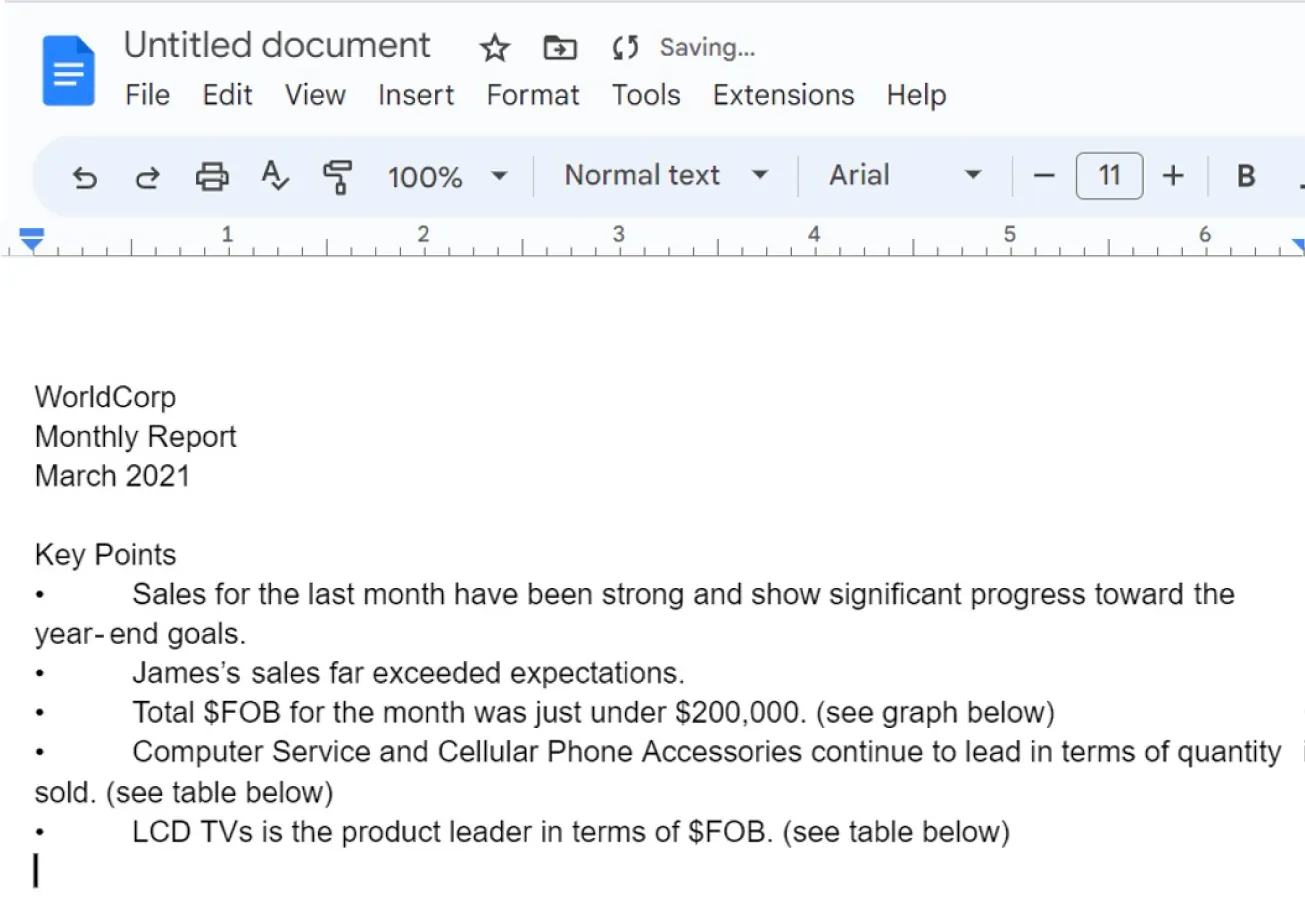 Information copied into Google Docs is displayed in plain text with only bulleting retained.