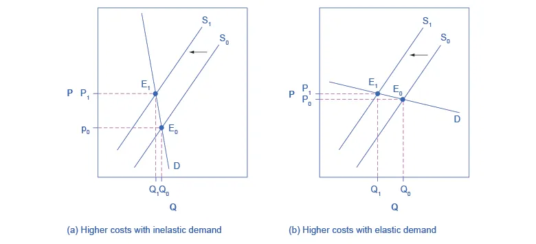 These two graphs show how a supply shift affects price and quantity. Figure (a) shows how supply shifts when demand is inelastic and figure (b) shows how supply shifts when demand is elastic.