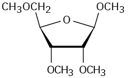 Beta-D-Ribofuranose  reacts with iodomethane in the presence of silver oxide to form beta-D-ribofuranose tetramethyl ether in which the hydrogens of the hydroxyl groups are replaced by C H 3 groups 