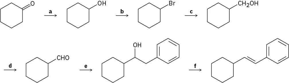 Cyclohexanol reacts with reagent a to form cyclohexanol. b to form cyclohexylbromide. c to form cyclohexylmethanol. d to form cyclohexanecarbaldehyde, e to form 1-cyclohexyl-2-phenylethanol, f to form (E)-(2-cyclohexylvinyl)benzene.