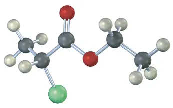 The ball-and-stick model of ethyl 2-chloropropionate.