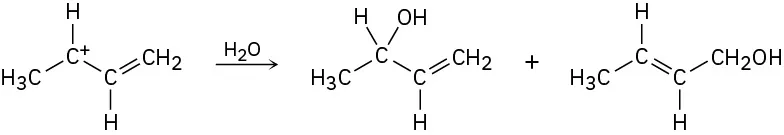 In a reaction, a carbocation (a carbon cation bonded to a methyl group and an ethene group) reacts with water to form two alcohols.