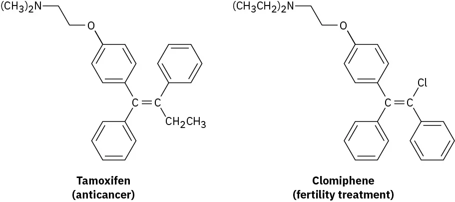 The structures of Tamoxifen (anticancer) and Clomiphene (fertility treatment).
