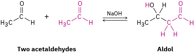 Two equivalents of acetaldehyde in sodium hydroxide produce 3-hydroxybutanal, an aldol.