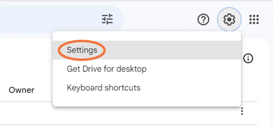 Open pane displays: Settings (selected), Get Drive for desktop, and Keyboard shortcuts.