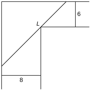 An upside L-shaped figure is drawn with the _ part being 6 wide and the | part being 8 wide. There is a line drawn from the _ part to the | part that touches the near corner of the shape to form a hypotenuse for a right triangle the other sides being the the rest of the _ and | parts. This line is marked L.