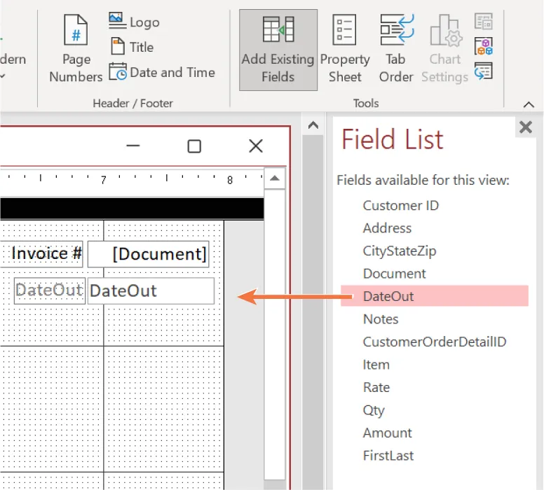 DateOut is selected from the Field List pane. A DateOut text box is visible in the document along with other text boxes: Invoice #, [Document], and another DateOut box.